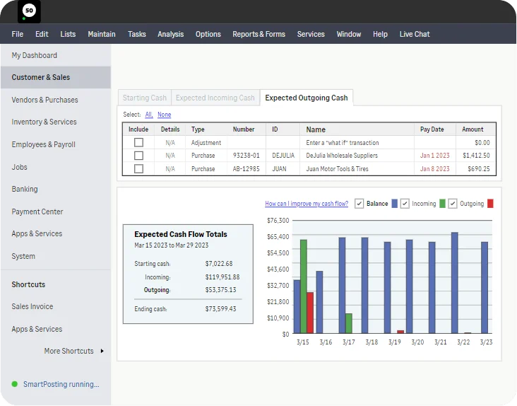 Sage 50 expected outgoing cash and cash flow dashboard preview