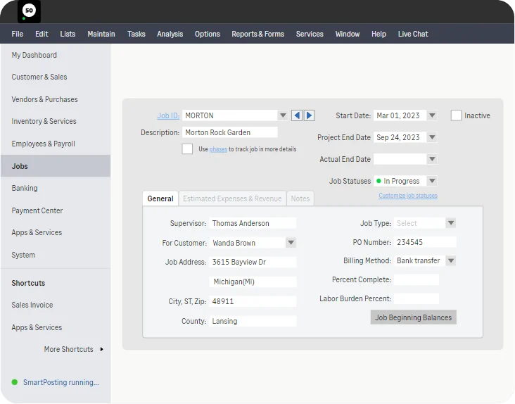 Sage 50 job cost control interface preview