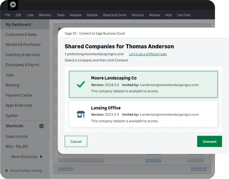 Sage 50 cloud-connected company access interface preview