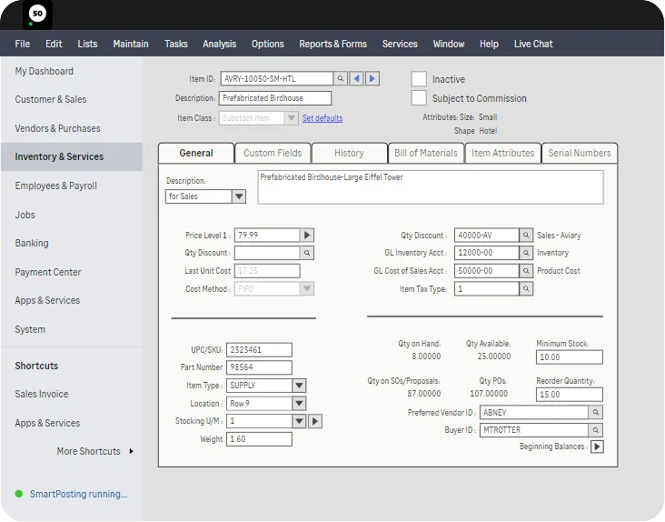 Sage 50 inventory item management interface preview