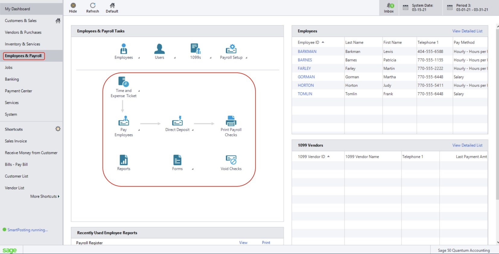 Sage 50 employees and payroll tasks dashboard preview