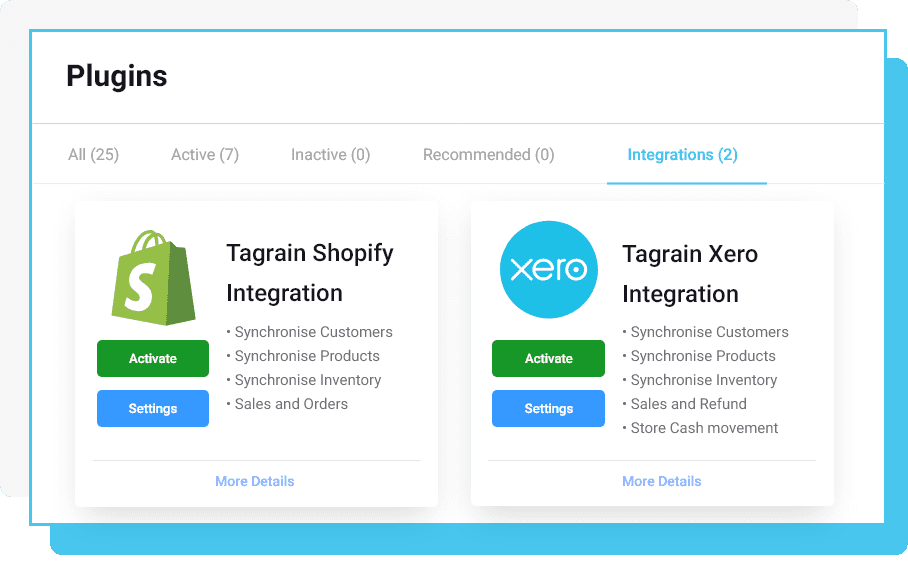 Tagrain integrations Shopify and Xero plugins interface preview